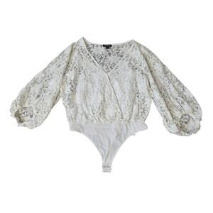 Express Bodysuit Womens Large White Lace Wrap V Neck Long Sleeve Thong Snap Boho